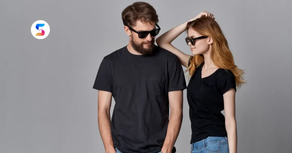 a stylish couple wearing black t-shirt