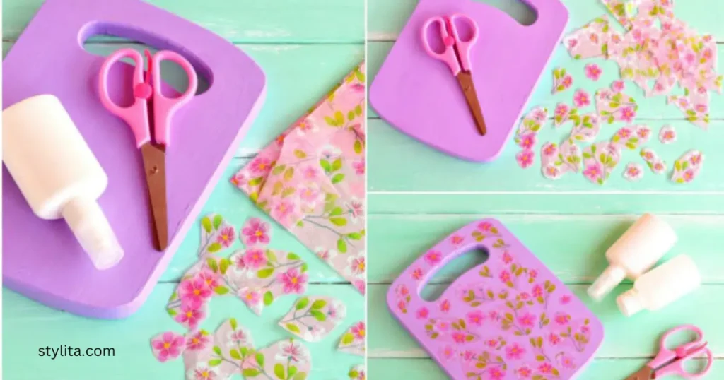 DIY Crafts Items like scissors, glue and flowering paper are placed on a table