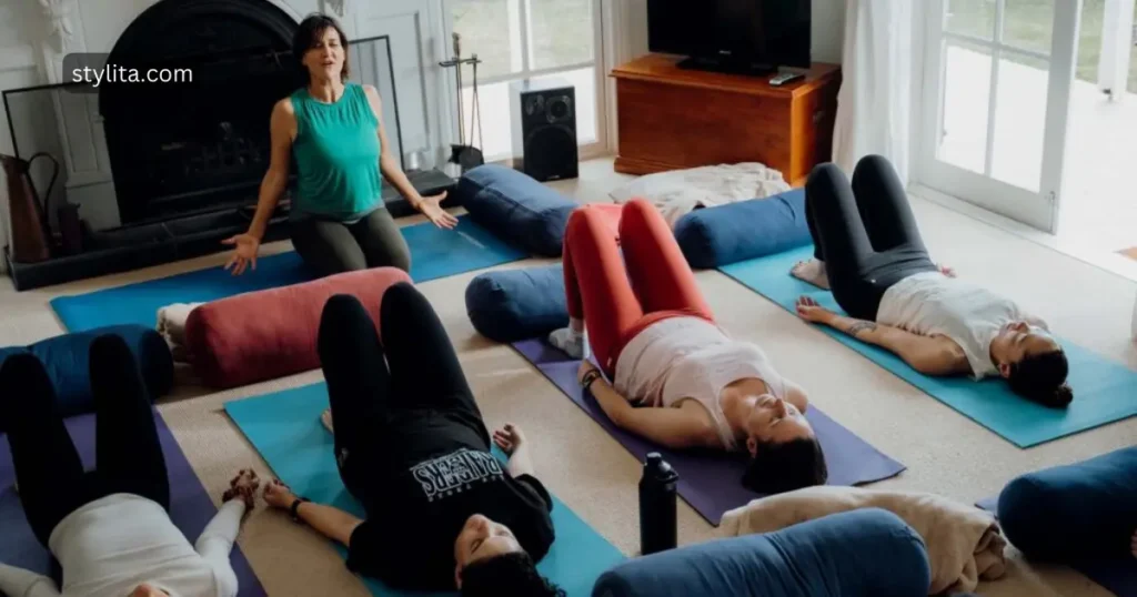 group of girls doing yoga exercises