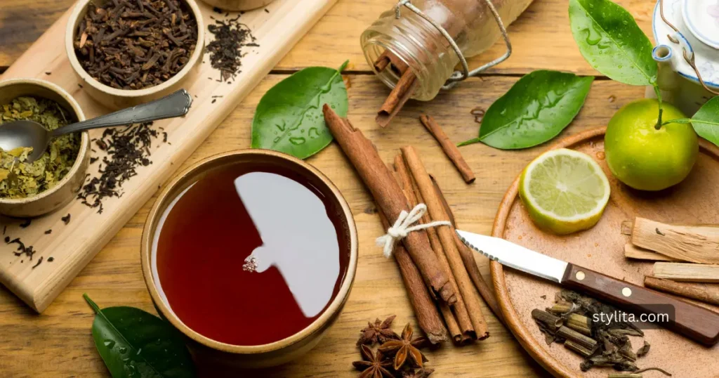 a cup of herbal tea placed on table with different herb placed alongside  