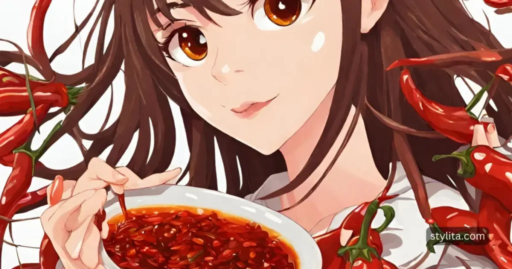 an anime girl posing with a bowl filled with chili oil