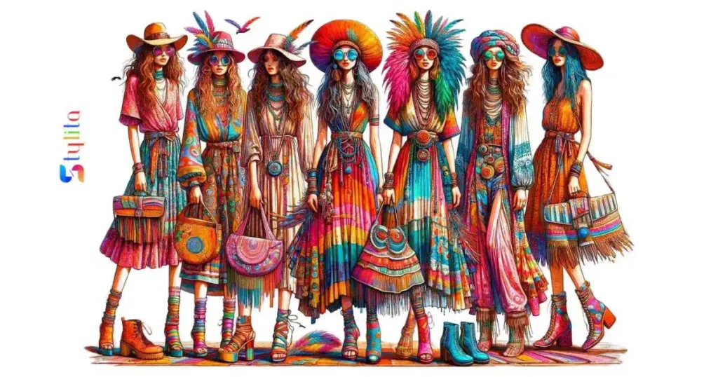 a group of girls wearing bohemian style dresses