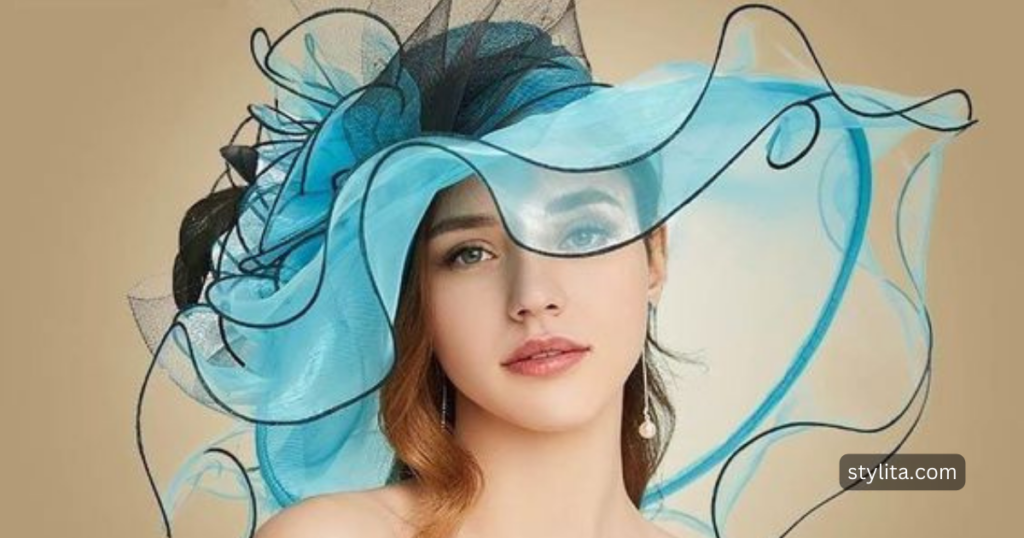 a beautiful girl wearing Wide-Brimmed Elegance Hat in blue color