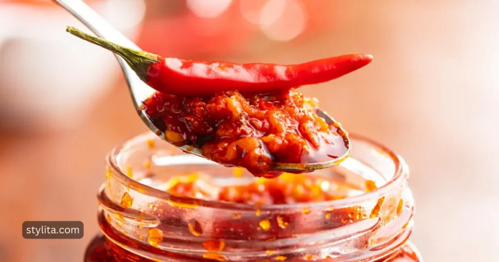 a table spoon full of chili oil taken out of a jar with red chili placed on top of the spoon
