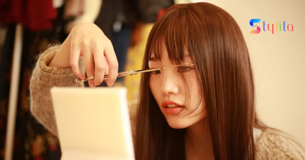 korean girl cutting her hair from forehead