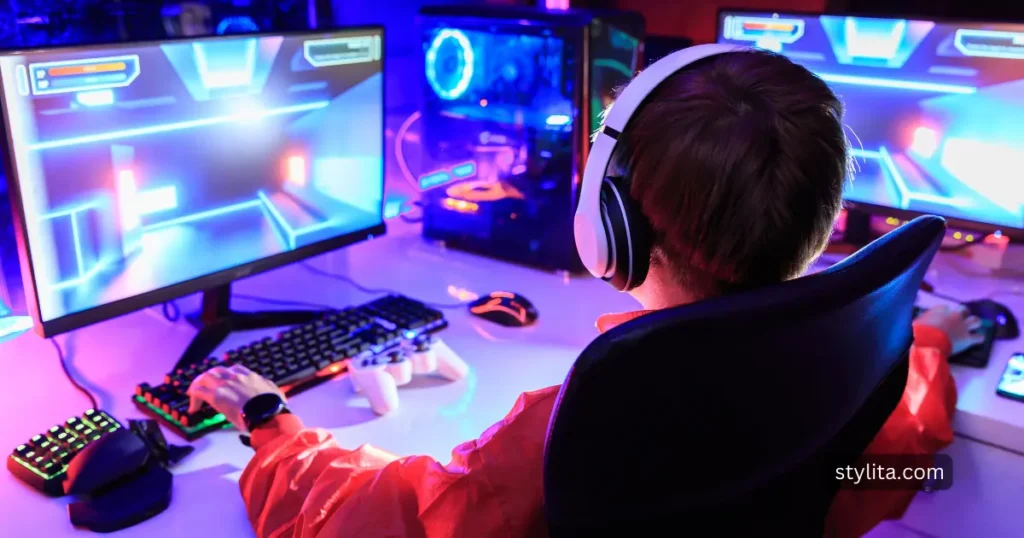 a game lover playing game on PC with all accessories