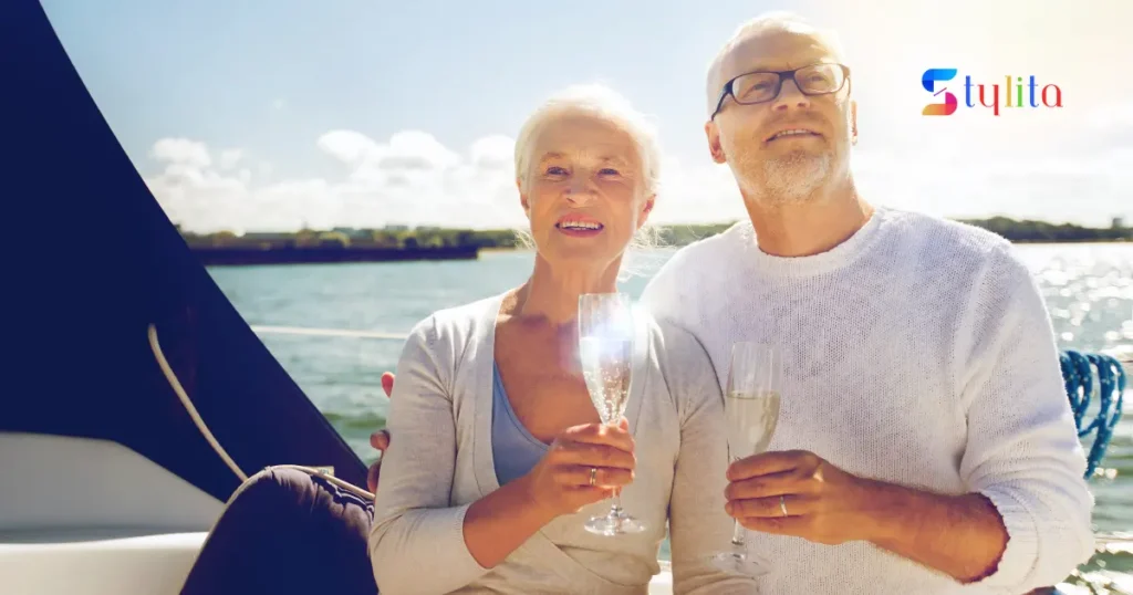 an old couple enjoying their cruise journey with drinks in their hands