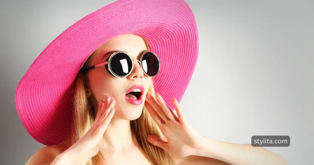 a beautiful girl with goggles is wearing a big panama hat in pink color