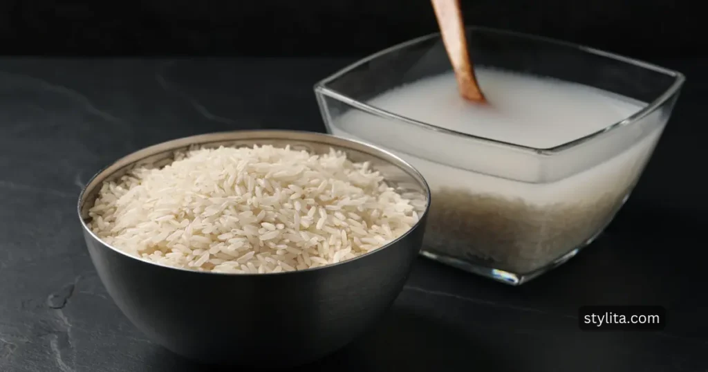a bowl filled with rice and other other bowl filled with water and rice dipped in it