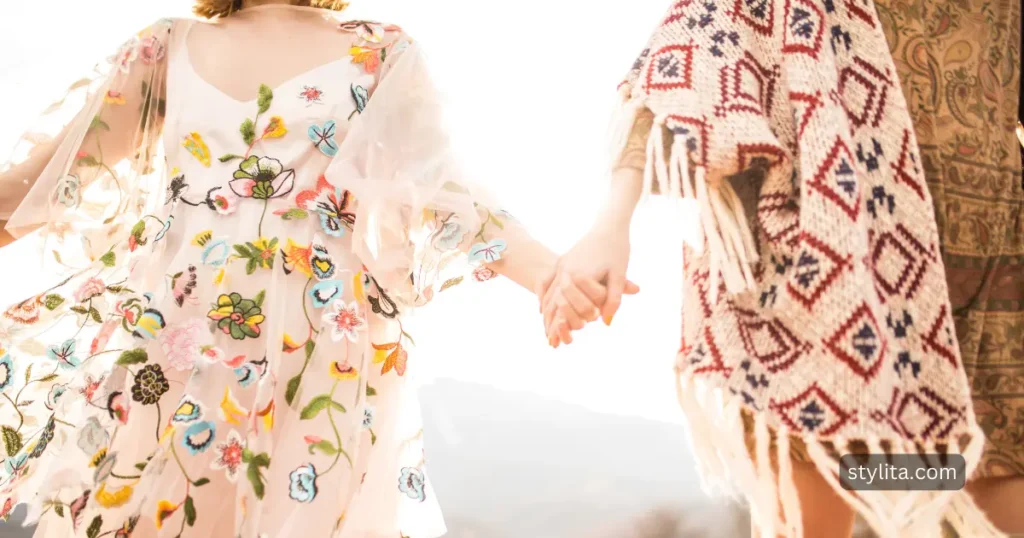 two girls hand in hand wearing bohemian suits
