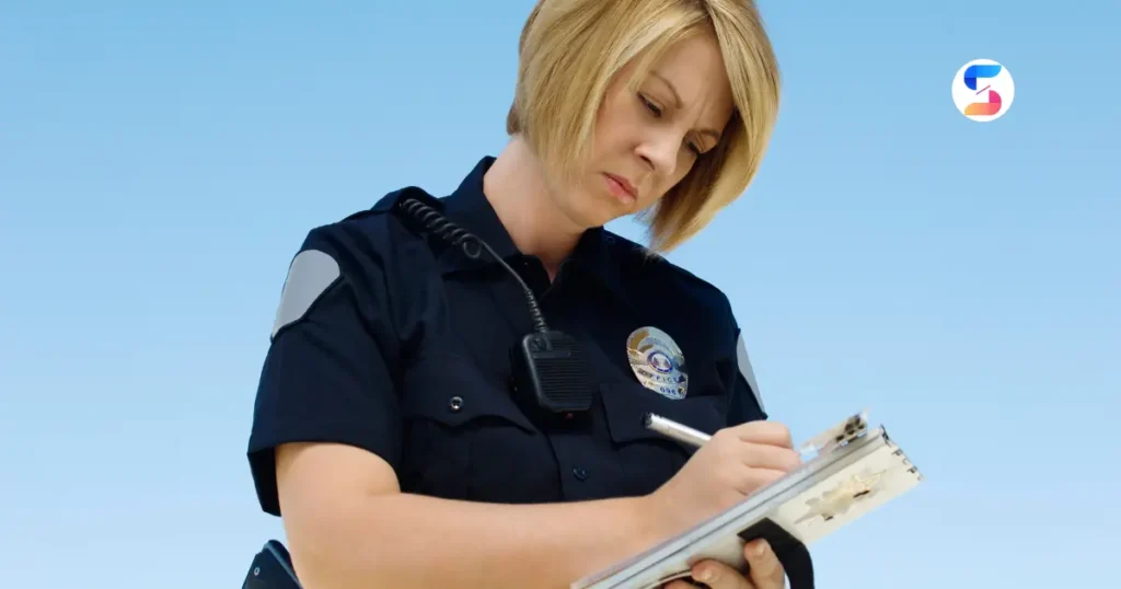 a police girl writing something on a sheet