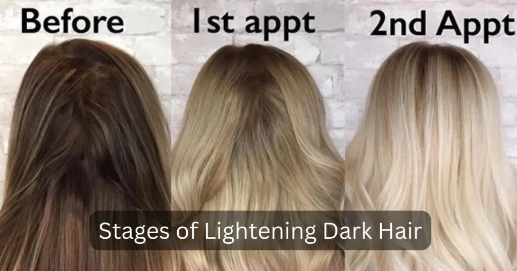 stages of lightening dark hair is shown in three consecutive pics
