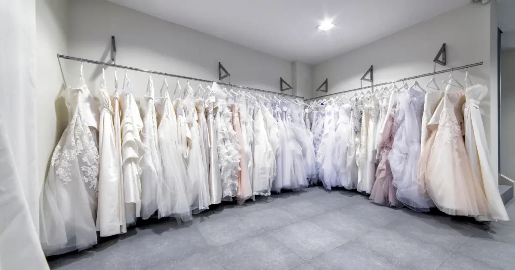 a room full of bridal dresses